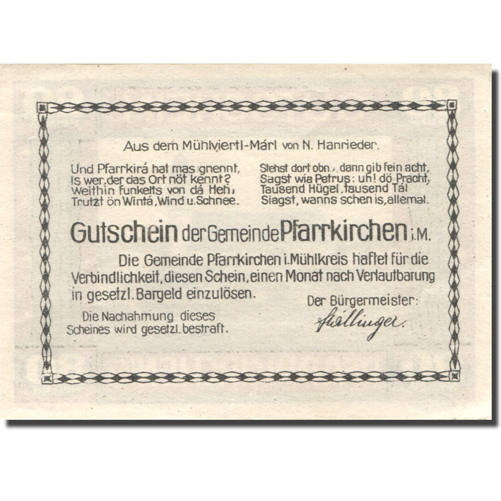Banconote, Austria, Pfarrkirchen i/M, 80 Heller, Eglise, SPL Mehl:FS 744IIe