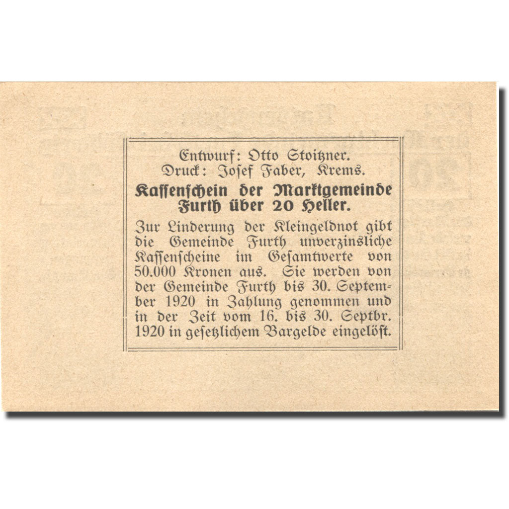 Banconote, Austria, Furth, 20 Heller, village 1920-09-30, SPL, Mehl:FS 214b
