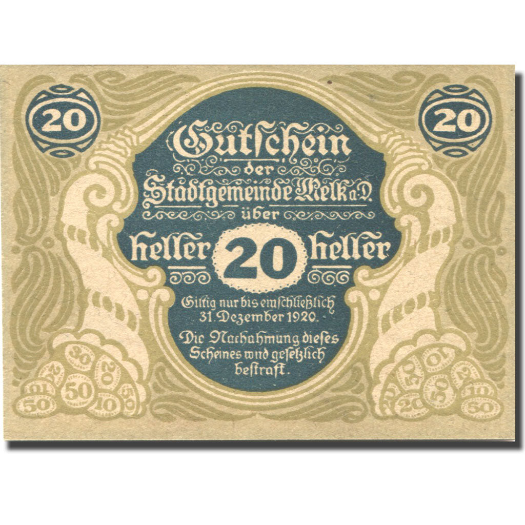 Banconote, Austria, Melk, 20 Heller, château 1920-12-31, SPL Mehl:FS 605II