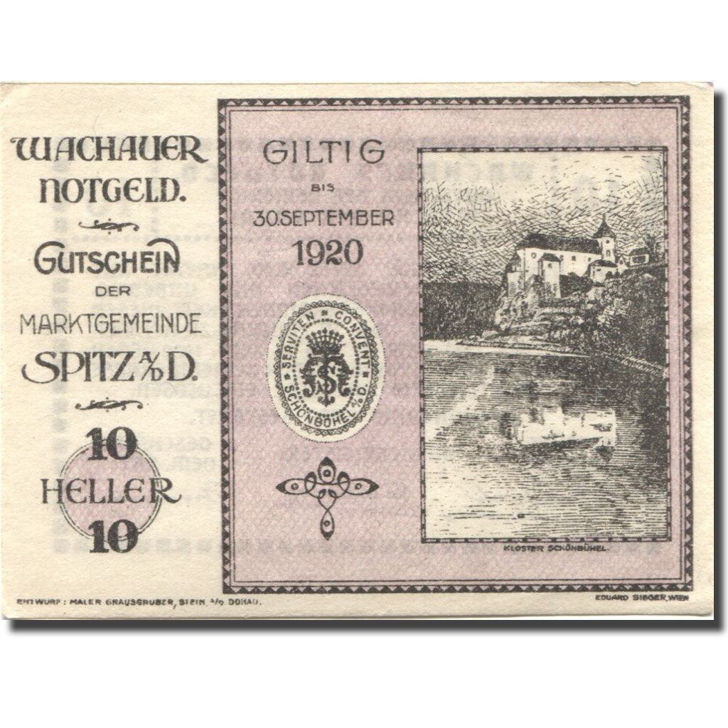 Banconote, Austria, Spitz a/d Donau, 10 Heller, château, 1920 SPL FS 1122.12II