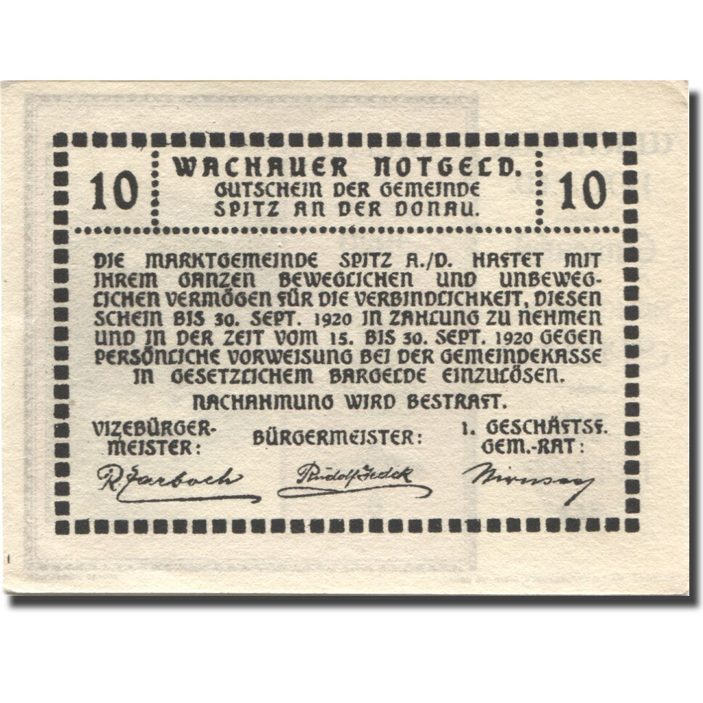 Banconote, Austria, Spitz a/d Donau, 10 Heller, château, 1920 SPL FS 1122.12II