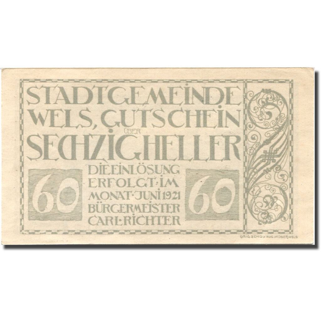 Banconote, Austria, Wels, 60 Heller, marché, 1921, SPL, Mehl:FS 1167IIId