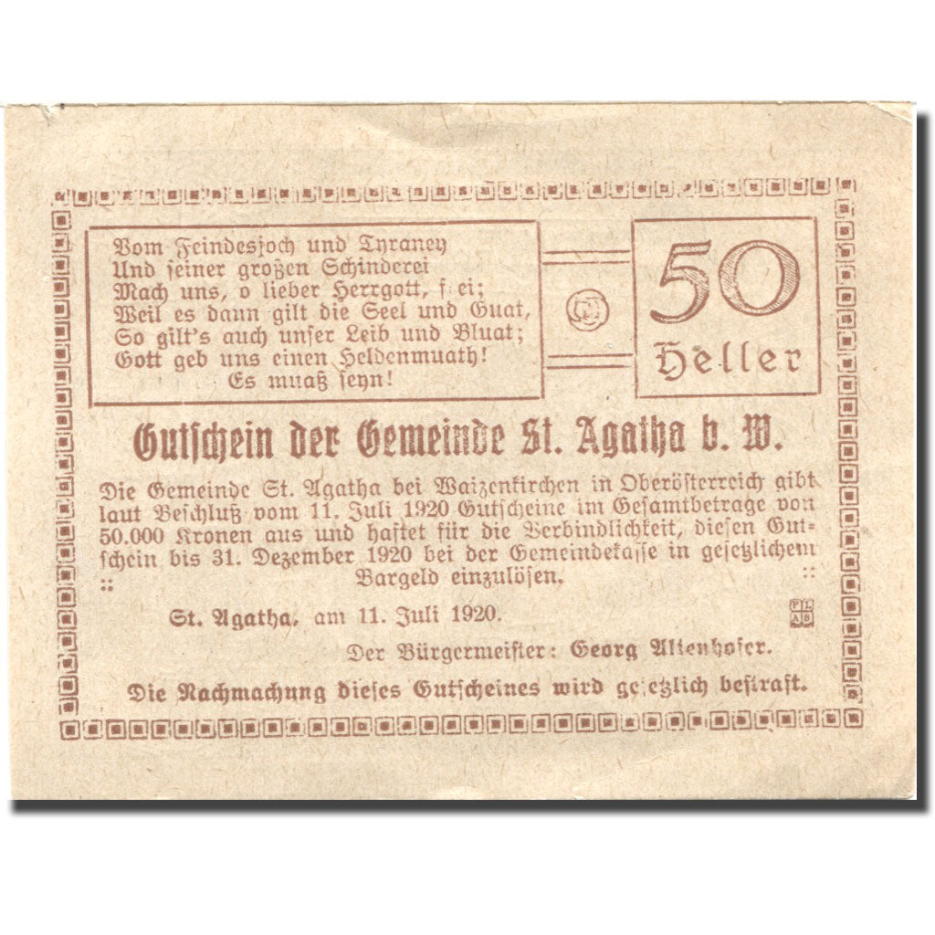 Nota, Áustria, St Agatha, 50 Heller, Forêt, 1920 AU(55-58) Mehl:FS 877IIb2