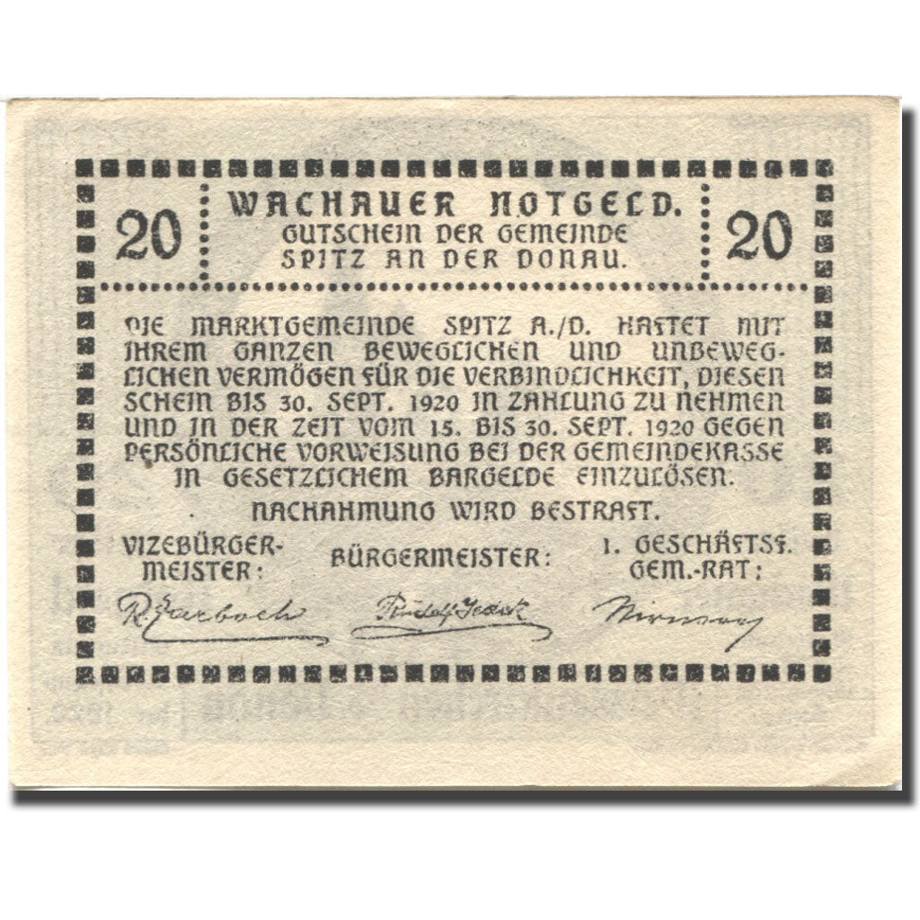 Banconote, Austria, Weissenkirchen a/d Donau, 20 Heller, château, 1920