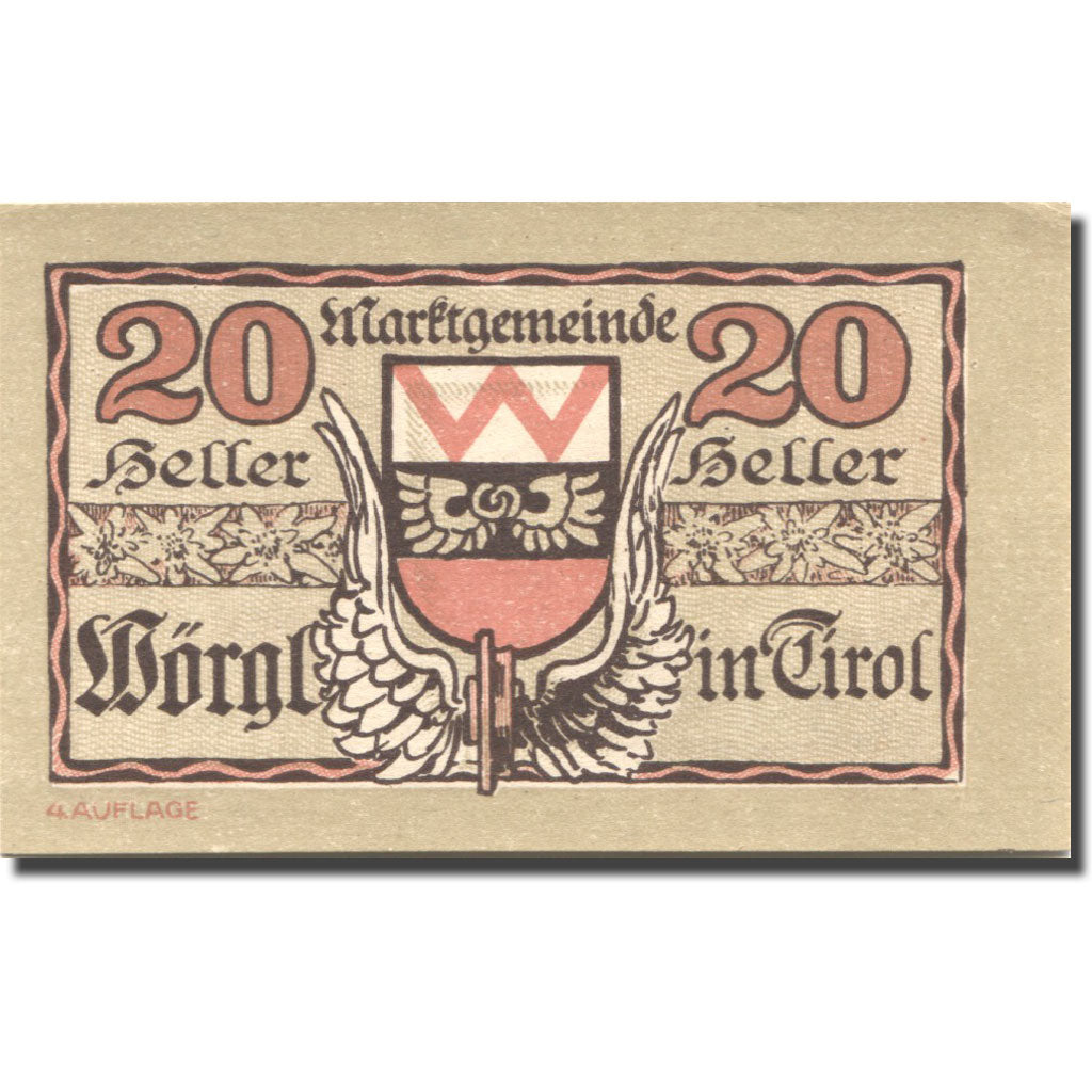 Banknote, Austria, Worgl, 20 Heller, Monument 1920 UNC(63) Mehl:FS 1252a