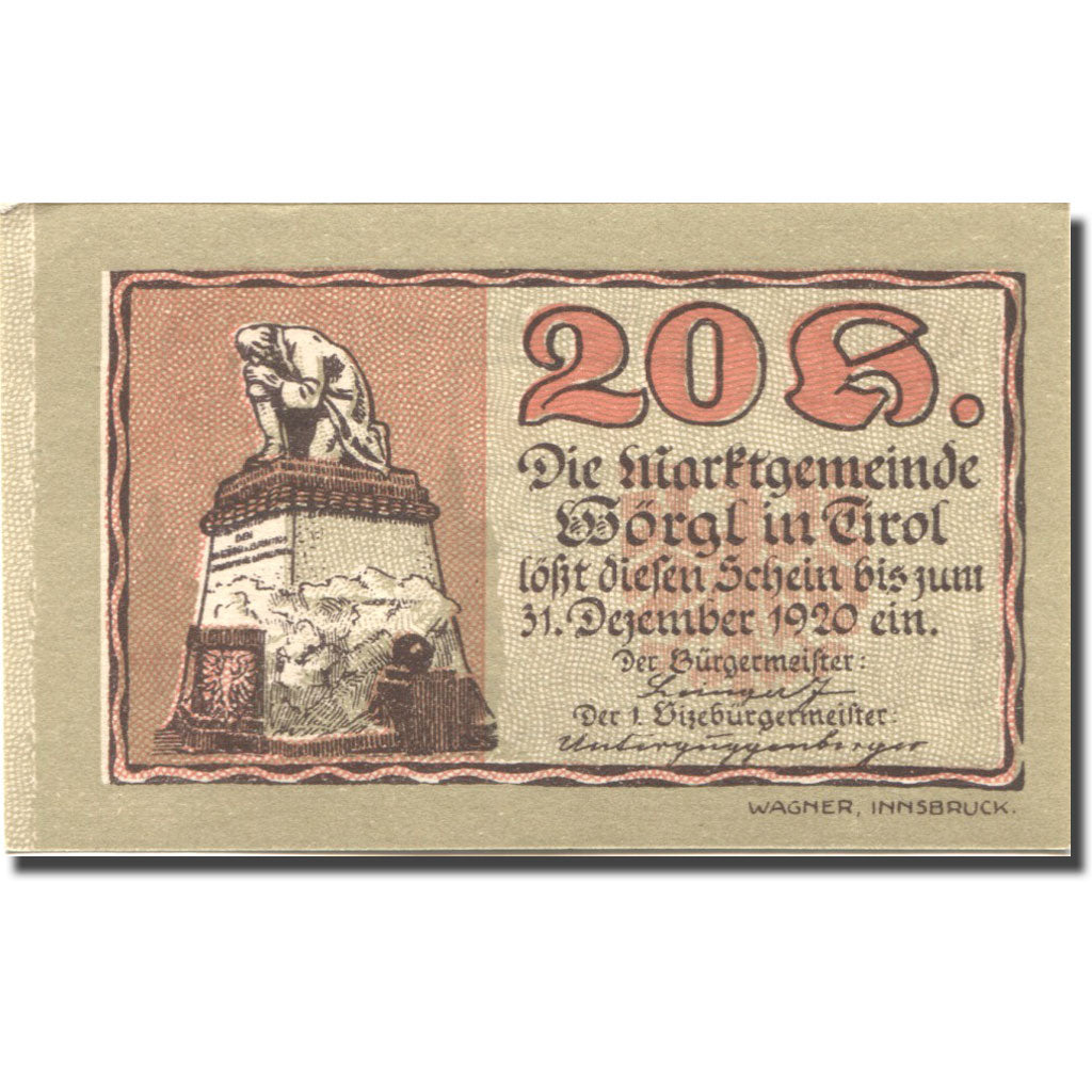 Banknote, Austria, Worgl, 20 Heller, Monument 1920 UNC(63) Mehl:FS 1252a