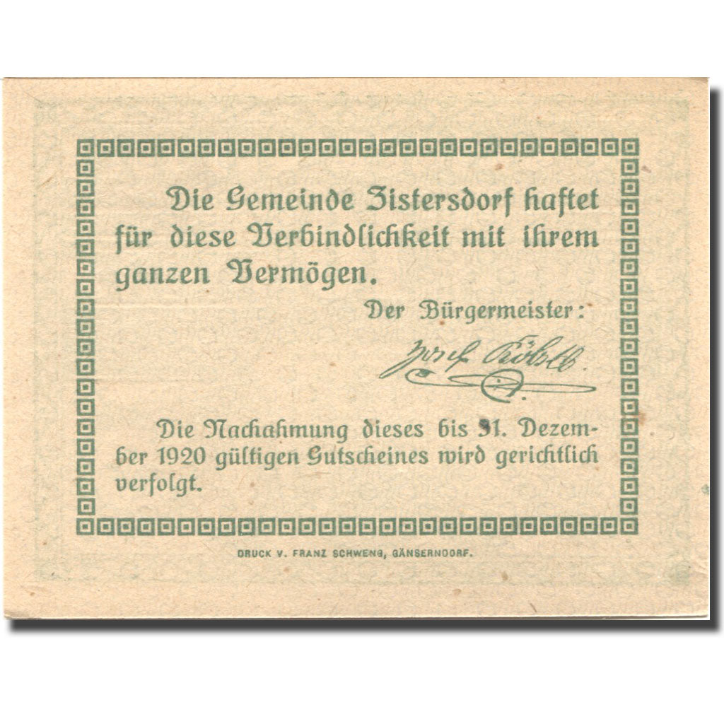 Billet, Autriche, Zistersdorf, 10 Heller, Blason 1920-12-31 SPL Mehl:FS 1277a