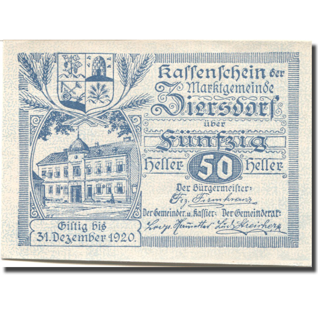 Banconote, Austria, Ziersdorf, 50 Heller, Monument, 1920 SPL Mehl:FS 1276a