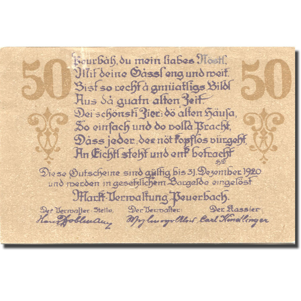 Banconote, Austria, Peuerbach, 50 Heller, château, 1920 SPL Mehl:FS 742Ia