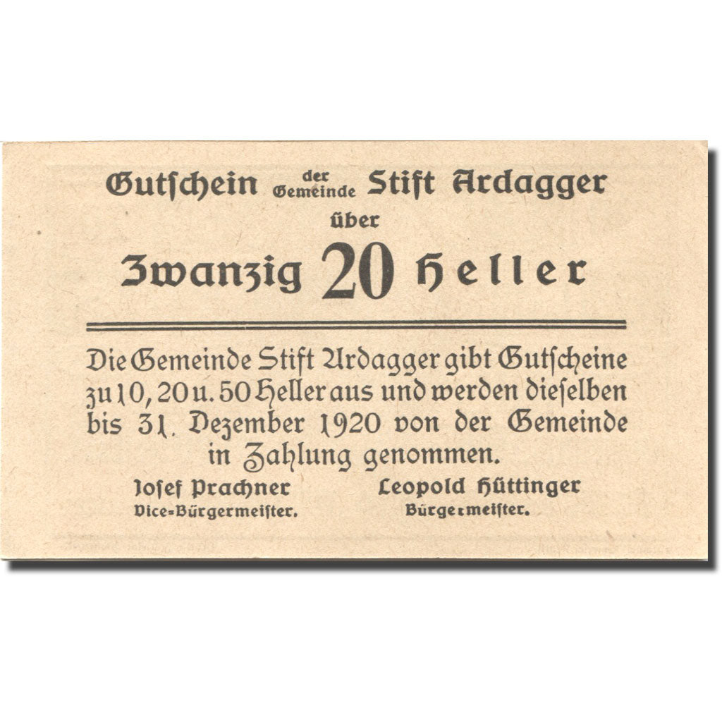 Banconote, Austria, Stift Ardagger, 20 Heller, Eglise, 1920 SPL Mehl:FS 51Aa
