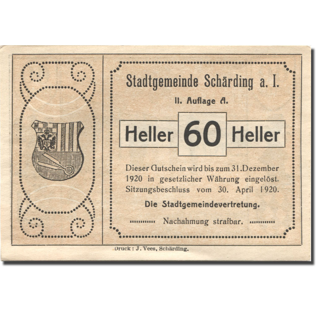 Billet, Autriche, Schärding, 60 Heller, pont 1920-12-31, SUP+ Mehl:FS 951IIb