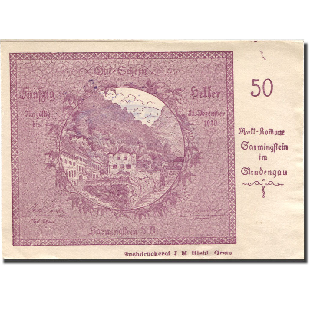 Geldschein, Österreich, Grein, 50 Heller, château, 1920 VZ Mehl:FS 914I