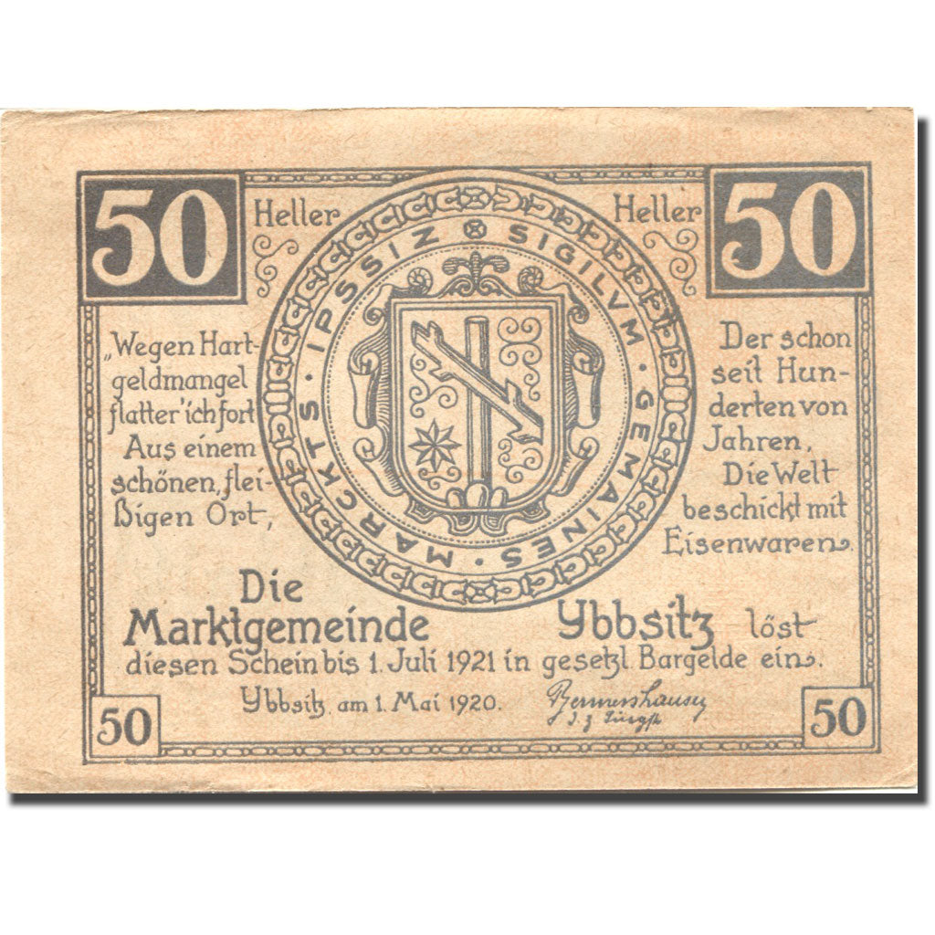 Nota, Áustria, Ybbsitz, 50 Heller, village, 1920 AU(55-58) Mehl:FS 1260