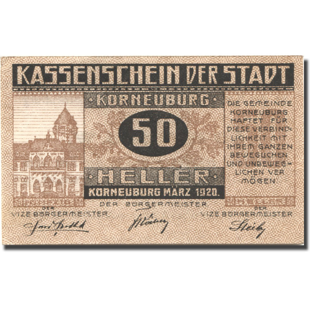 Banconote, Austria, Korneuburg, 50 Heller, château, 1920 SPL  Mehl:FS 466a