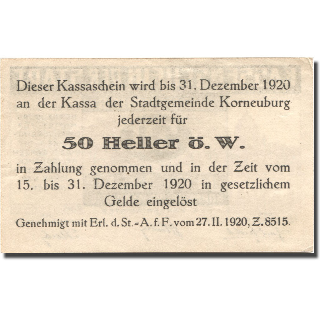 Banconote, Austria, Korneuburg, 50 Heller, château, 1920 SPL  Mehl:FS 466a