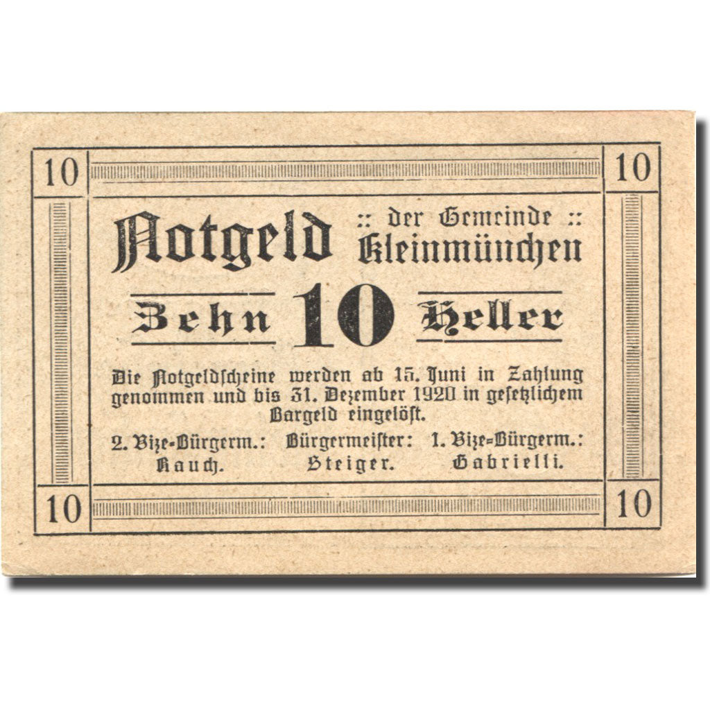 Banconote, Austria, Kleinmünchen, 10 Heller, Eglise, 1920 SPL Mehl:FS 456a