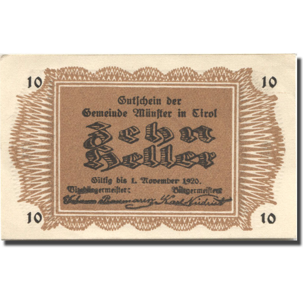 Geldschein, Österreich, Münster, 10 Heller, montagne, 1920 UNZ- Mehl:FS 635a