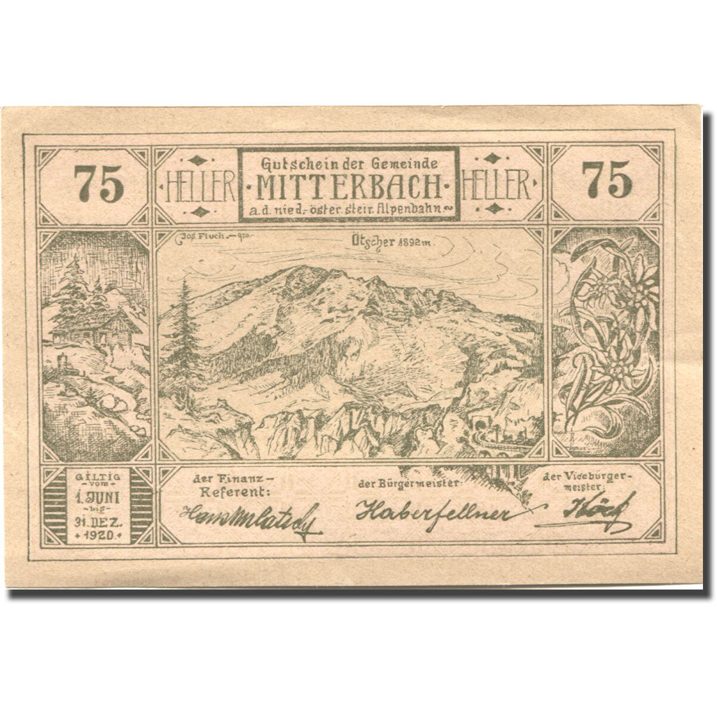 Banconote, Austria, Mitterbach, 75 Heller, montagne, 1920 SPL- Mehl:FS 618c