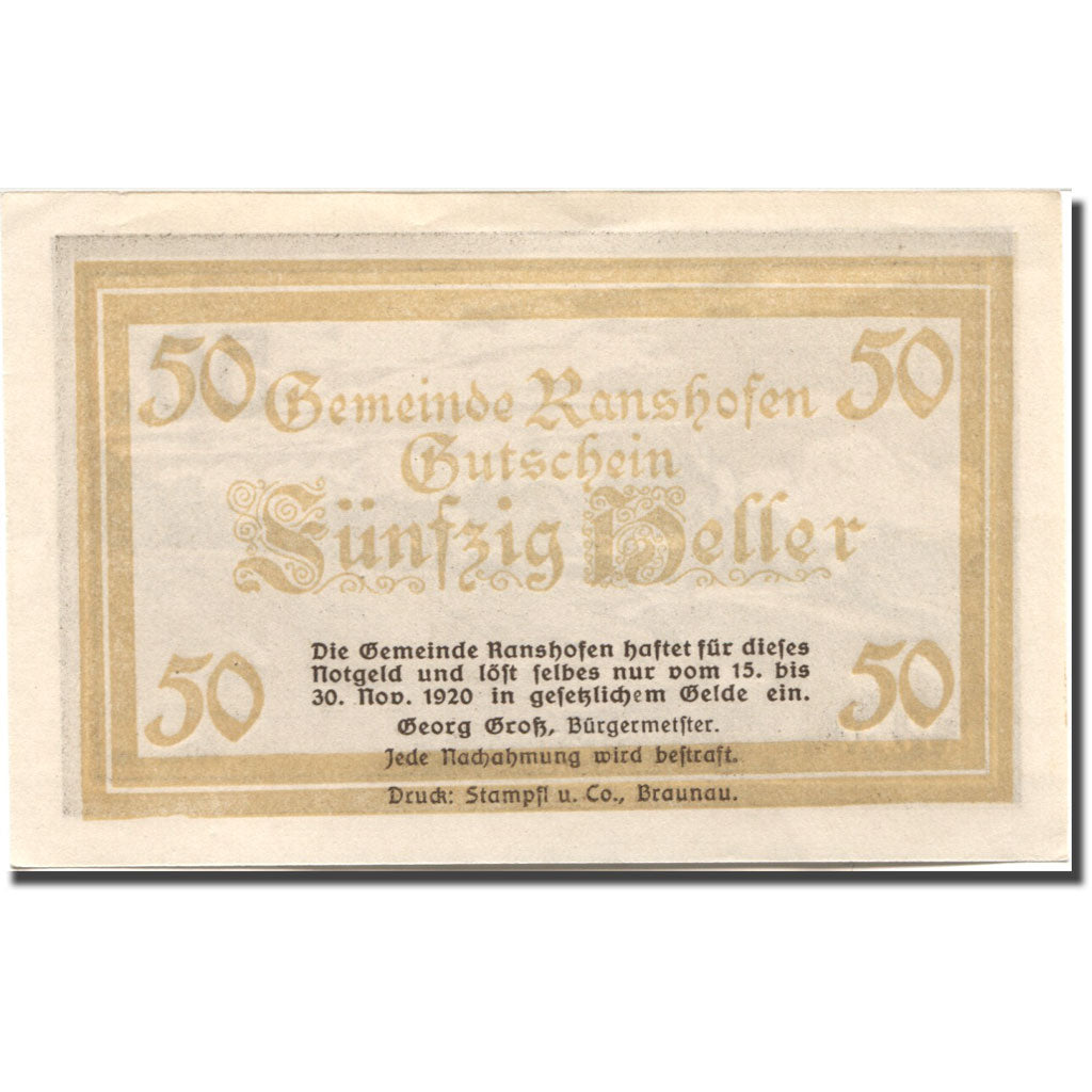 Banconote, Austria, Ranshofen, 50 Heller, paysage, 1920 SPL Mehl:FS 819Ea