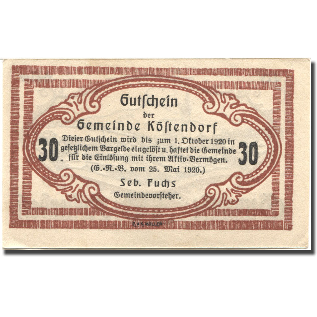 Banconote, Austria, Köstendorf, 30 Heller, paysage, 1920 SPL Mehl:FS 469a