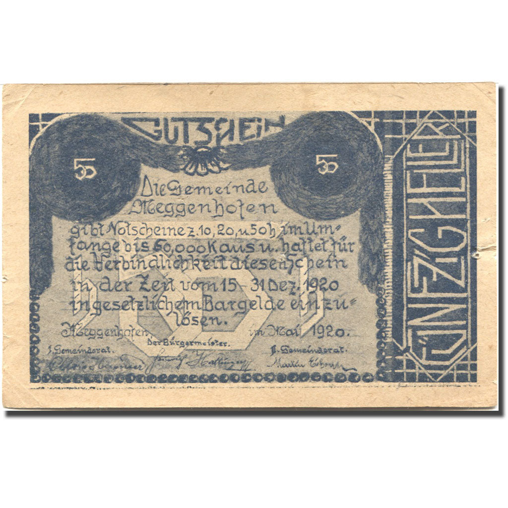 Billete, Austria, Meggenhofen, 50 Heller, village, 1920 MBC Mehl:FS 603Ia