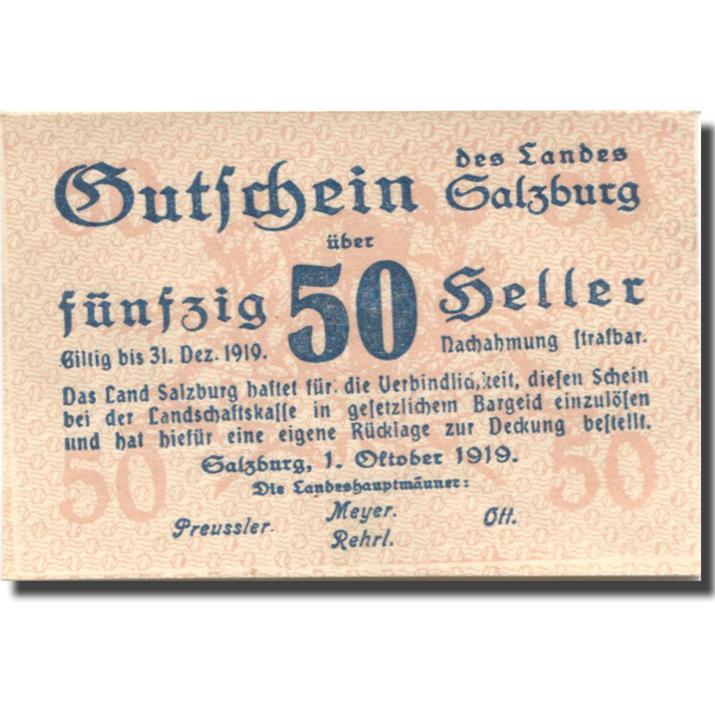 Geldschein, Österreich, Salzburg, 50 Heller, valeur faciale 1919 UNZ Mehl:FS860I