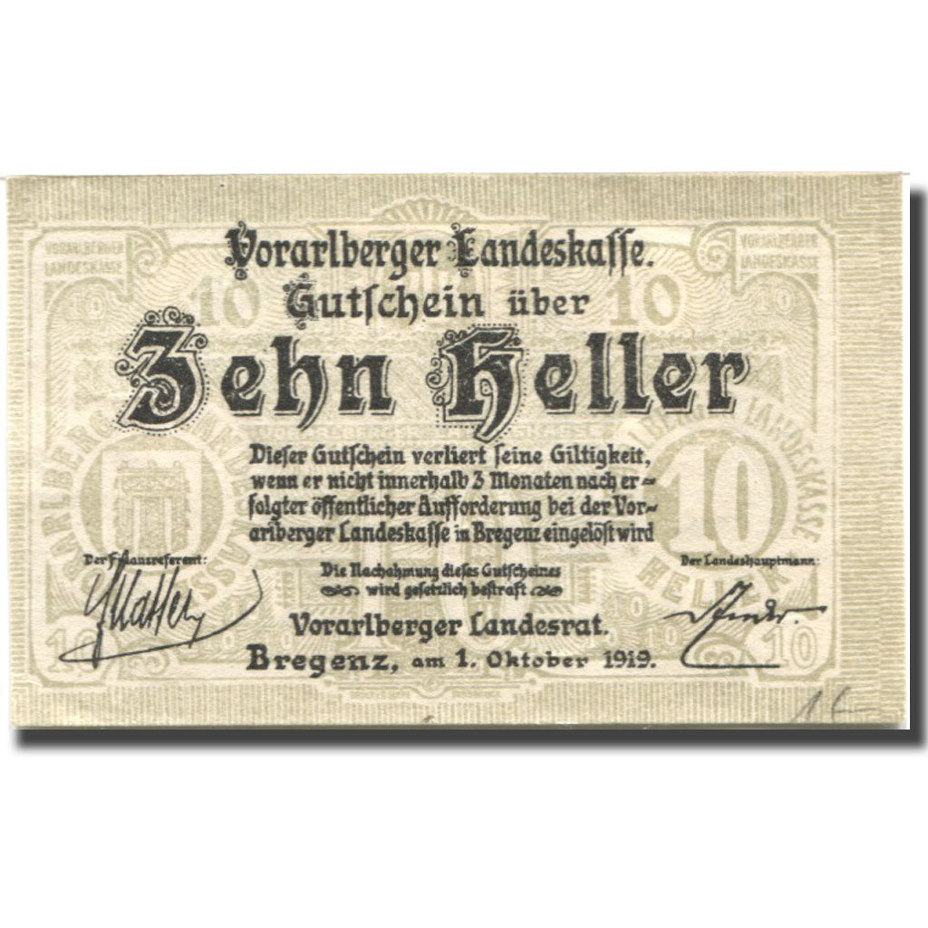 Banconote, Austria, Vorarlberger, 10 Heller, Blason, 1919 SPL Mehl:FS 1118I