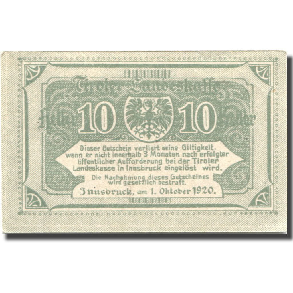 Banconote, Austria, Innsbruck, 10 Heller, Blason, 1920 SPL Mehl:FS 1073II