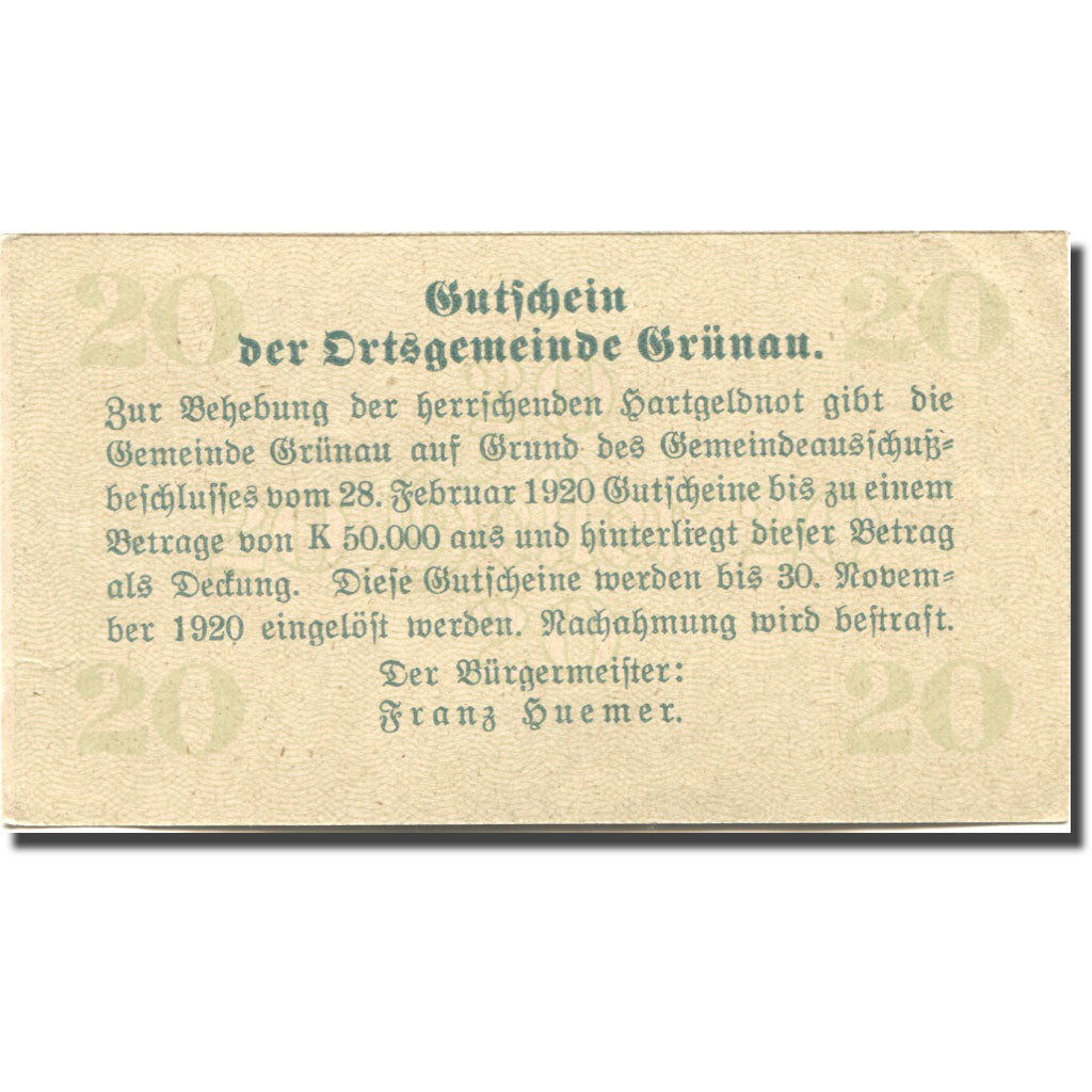 Banconote, Austria, Grünau, 20 Heller, village 1920-11-31, SPL- Mehl:FS 300b