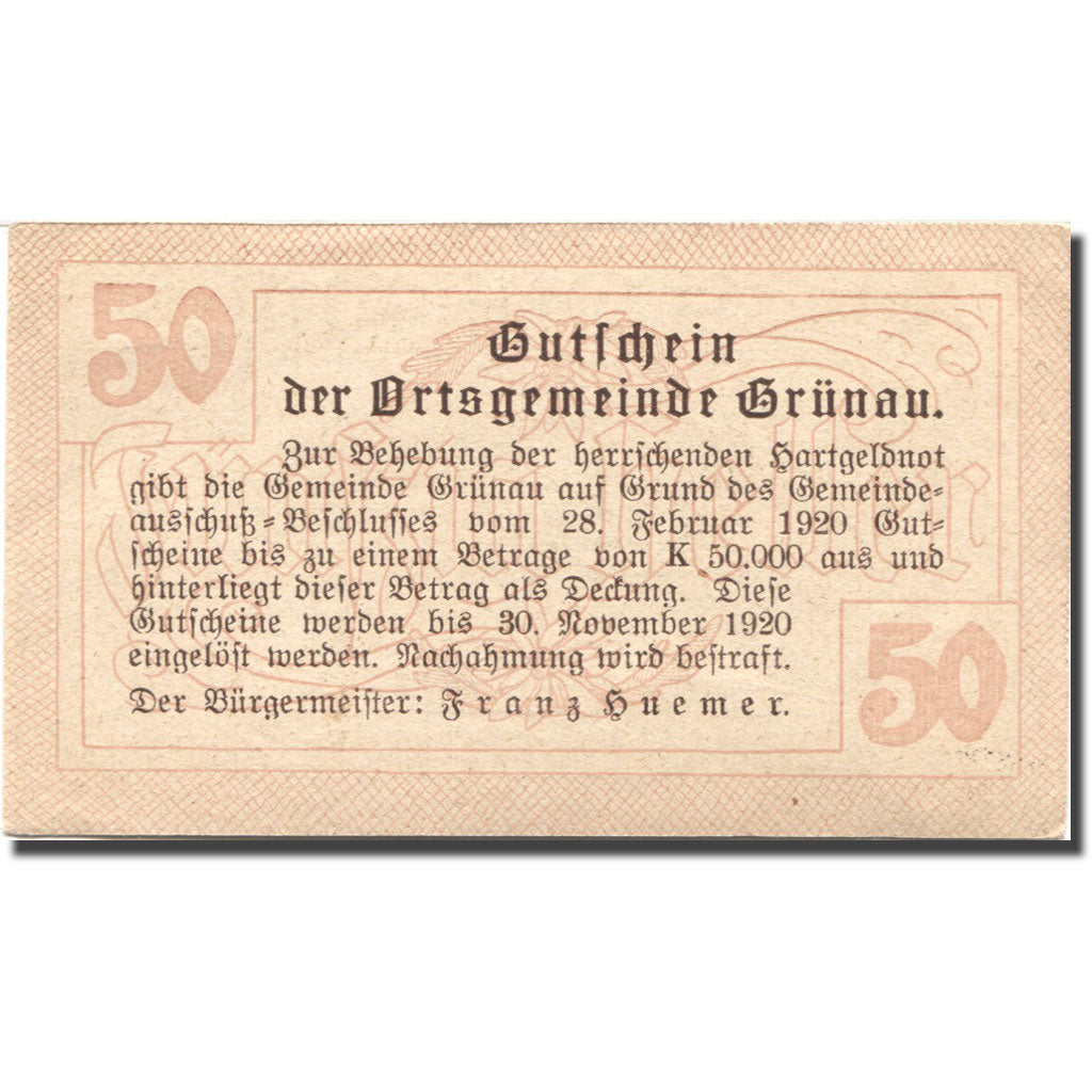 Banconote, Austria, Grünau, 50 Heller, hôtel 1920-11-31, SPL Mehl:FS 300b