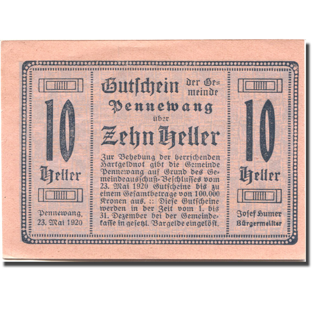 Billet, Autriche, Pennewang, 10 Heller, village 1920-12-31, SPL Mehl:FS 727d