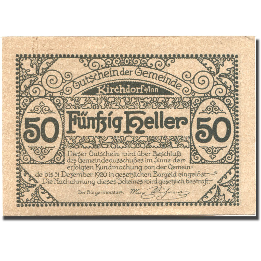 Banknote, Austria, Kirchdorf a/Inn, 50 Heller, Eglise, 1920 UNC(63) Mehl:FS 44a