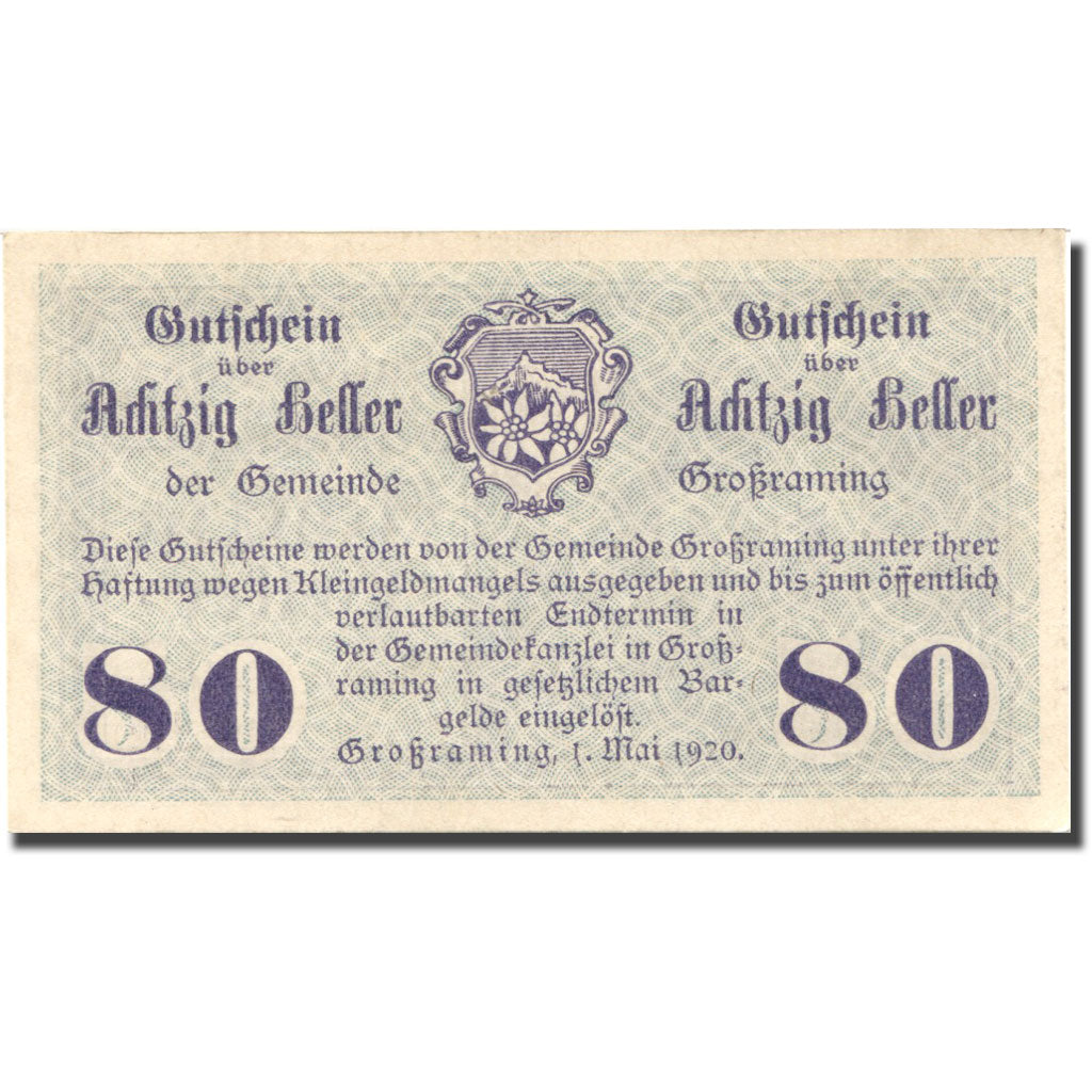 Banconote, Austria, Grossraming, 80 Heller, ferme, 1920 SPL Mehl:FS 296