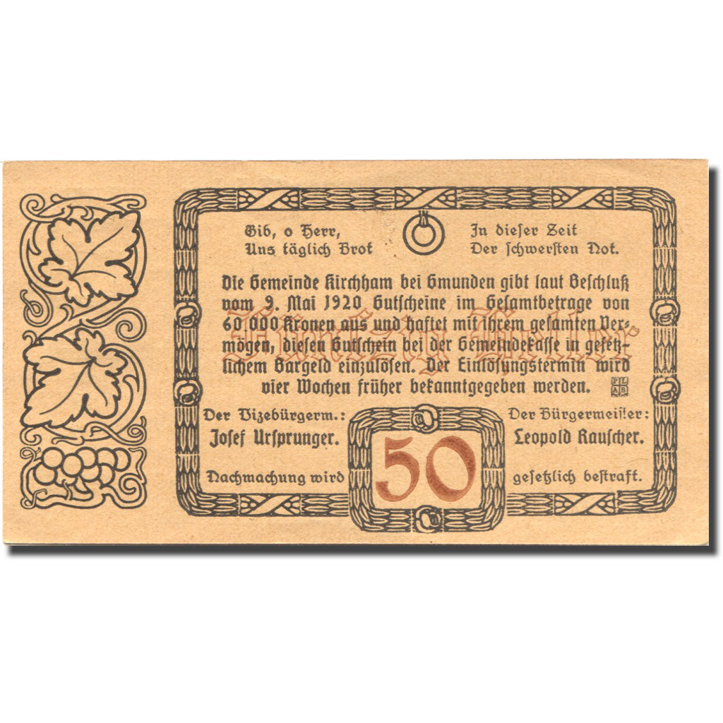 Geldschein, Österreich, Kirchham, 50 Heller, château, 1920 UNZ- Mehl:FS 446