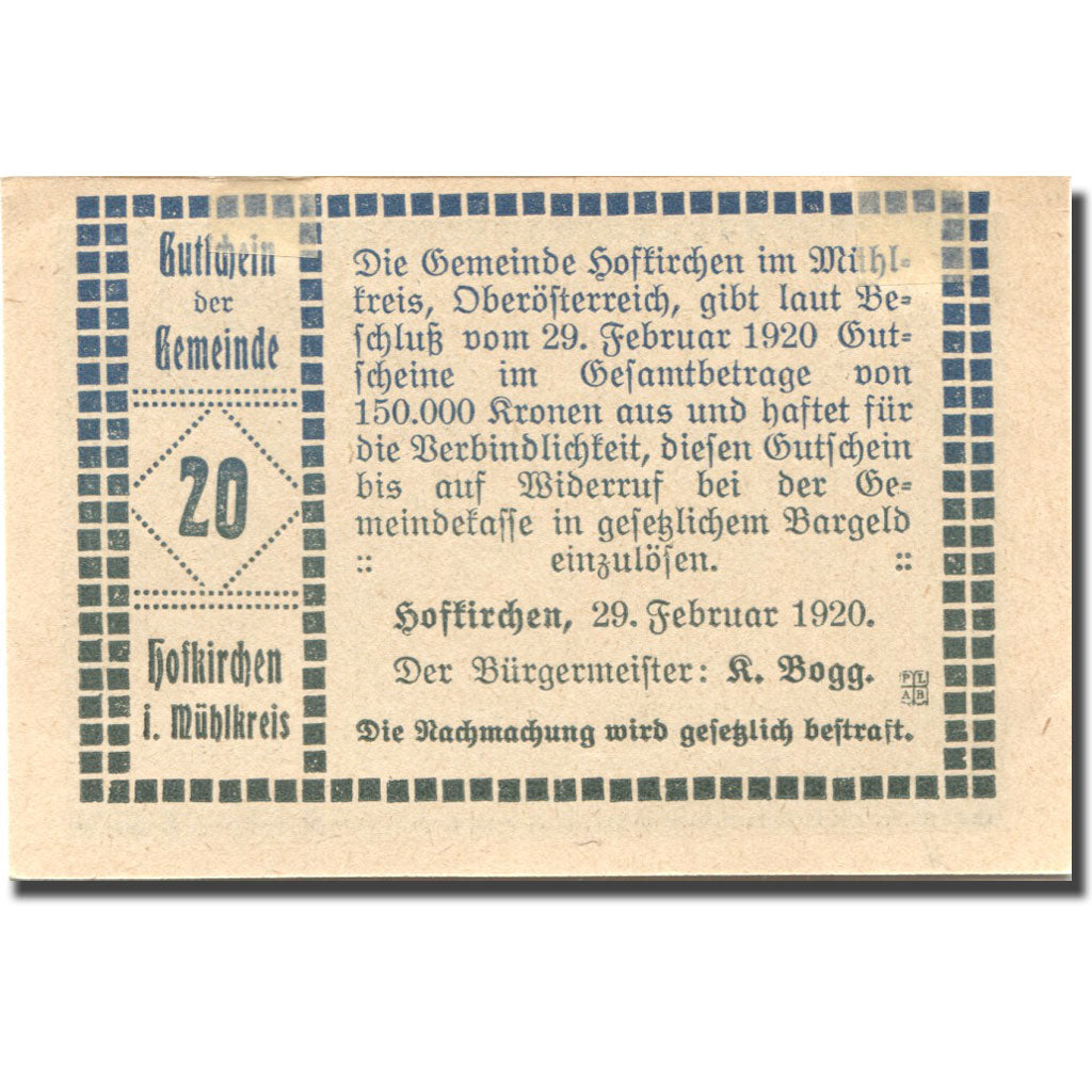 Geldschein, Österreich, Hofkirchen, 20 Heller, château, 1920 UNZ Mehl:FS 386Id2