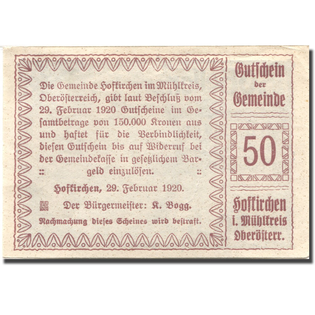 Billet, Autriche, Hofkirchen, 50 Heller, Eglise, 1920 SPL Mehl:FS 386Ia1