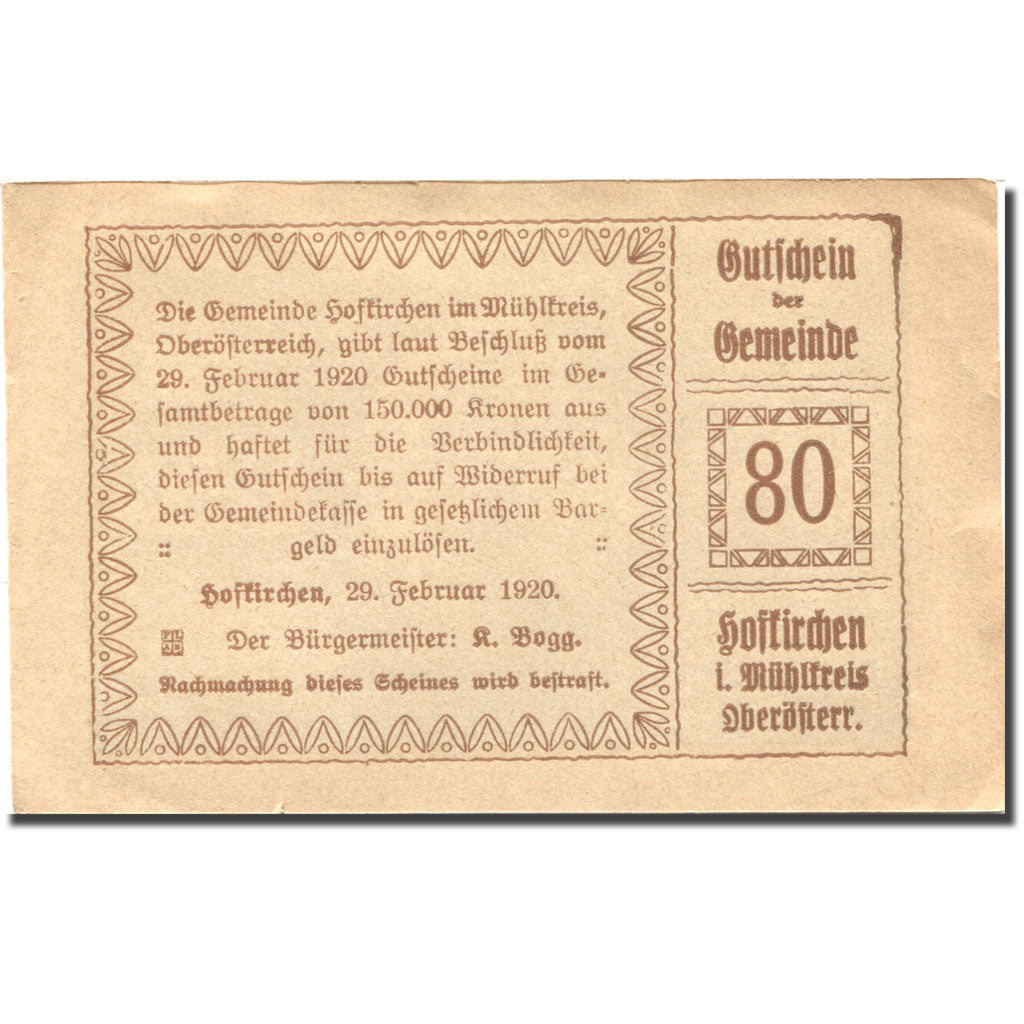 Billet, Autriche, Hofkirchen, 80 Heller, château, 1920 SUP Mehl:FS 386Ia1
