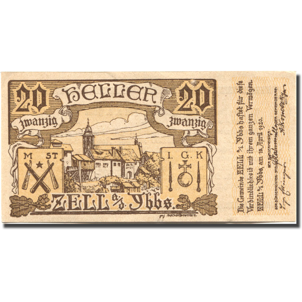 Nota, Áustria, Zell a/d Ybbs, 20 Heller, Eglise, 1920 UNC(63) Mehl:FS 1272aC