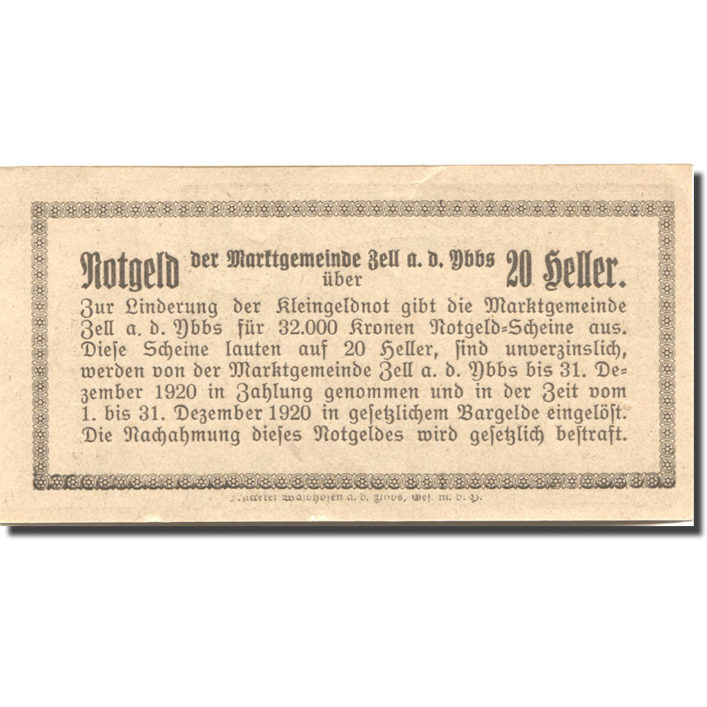 Nota, Áustria, Zell a/d Ybbs, 20 Heller, Eglise, 1920 UNC(63) Mehl:FS 1272aC