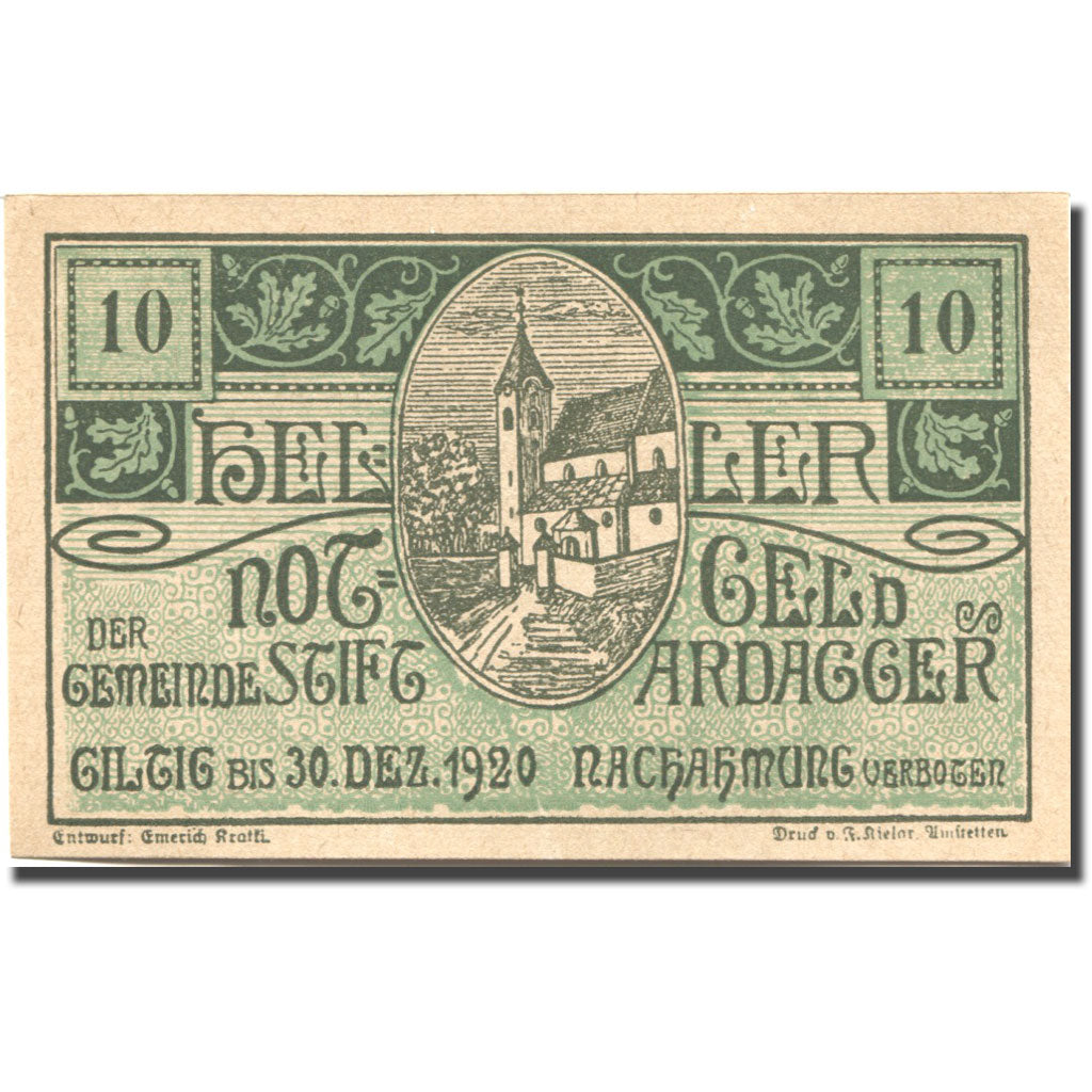 Billet, Autriche, Stift Ardagger, 10 Heller, Eglise 1920-12-30 SPL Mehl:FS 51Ac