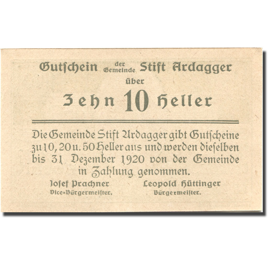 Billet, Autriche, Stift Ardagger, 10 Heller, Eglise 1920-12-30 SPL Mehl:FS 51Ac