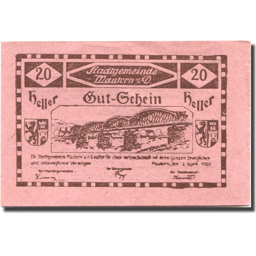 Billet, Autriche, Mautern a/d Donau, 20 Heller, pont, 1920 SUP+ Mehl:FS 600IIe2