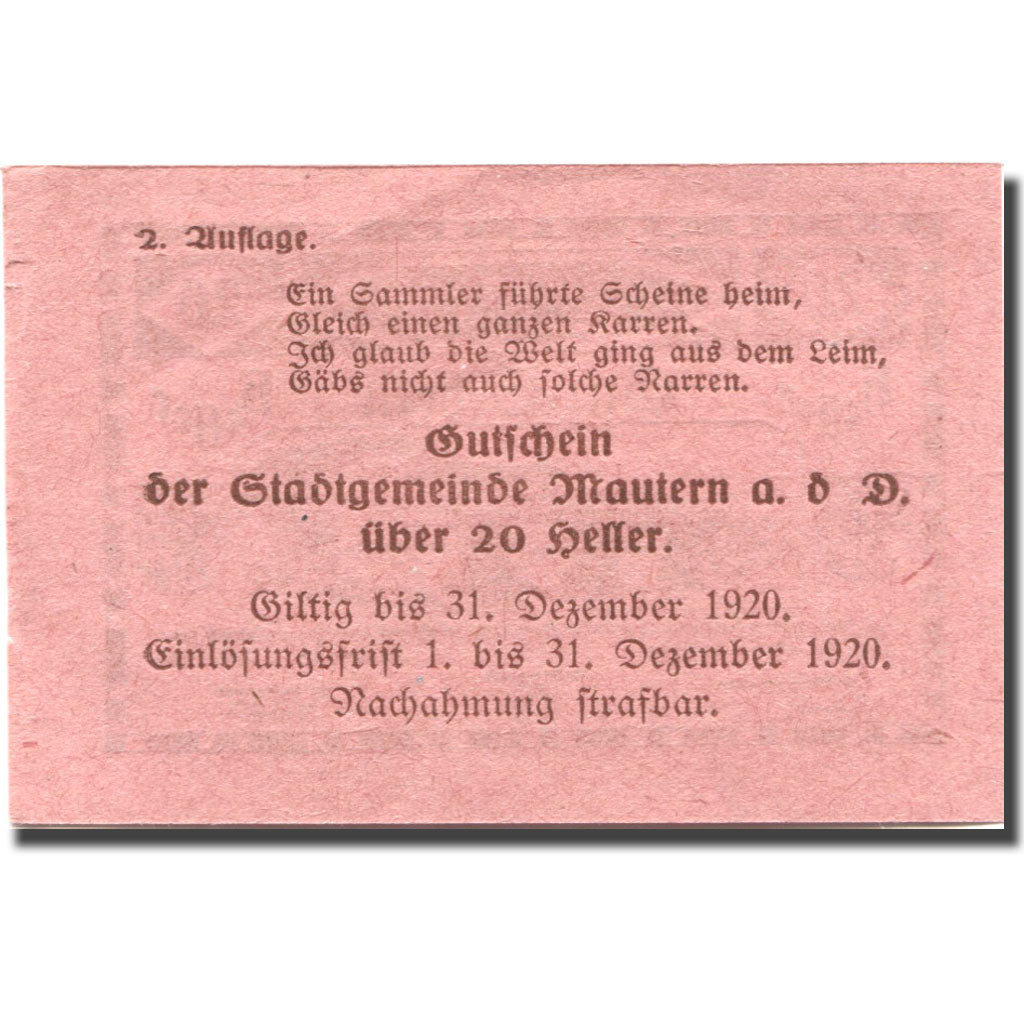 Billet, Autriche, Mautern a/d Donau, 20 Heller, pont, 1920 SUP+ Mehl:FS 600IIe2