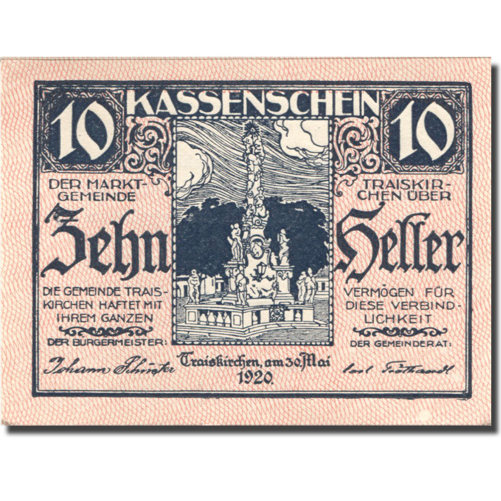 Banconote, Austria, Traiskirchen, 10 Heller, Monument, 1921 SPL Mehl:FS 1077a