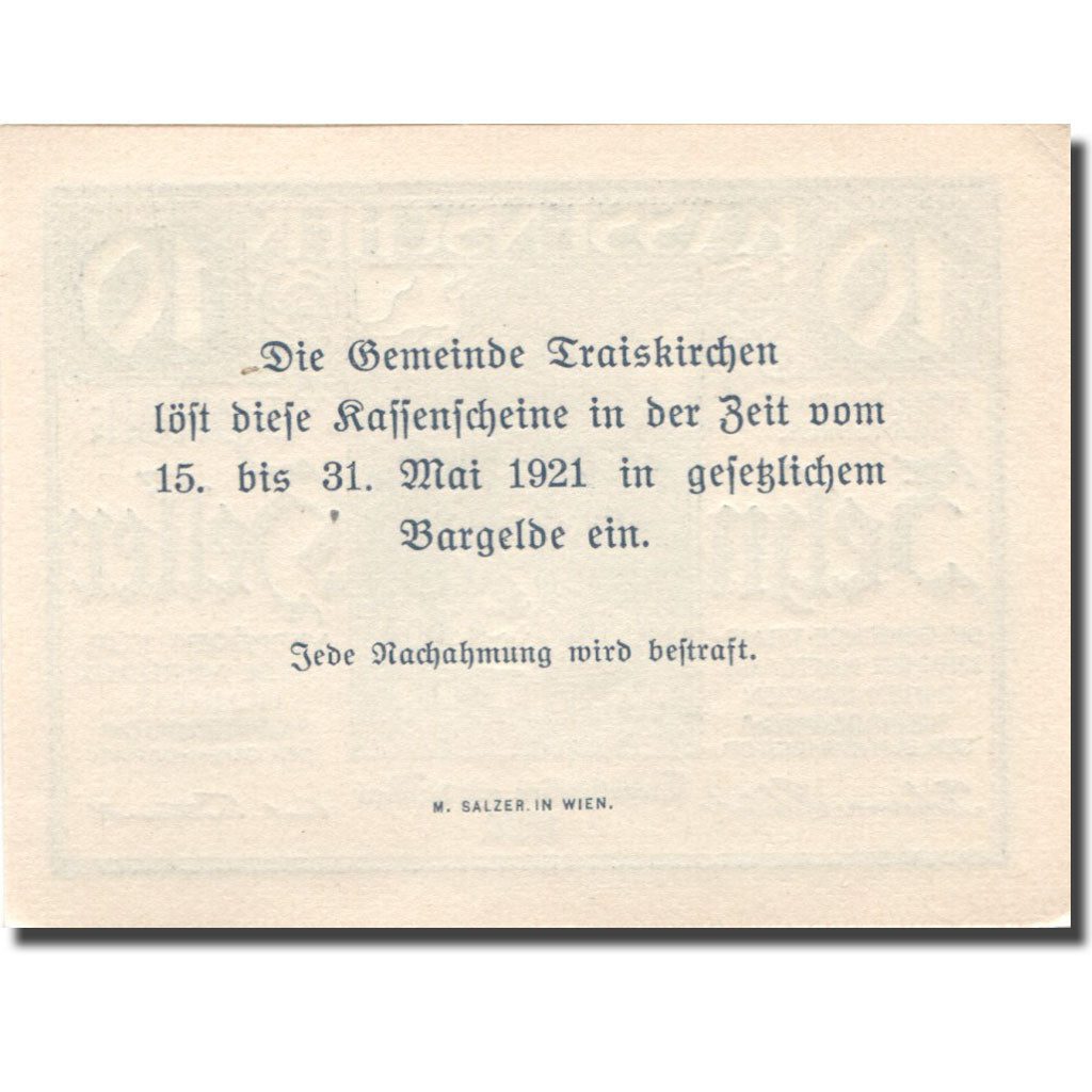 Banconote, Austria, Traiskirchen, 10 Heller, Monument, 1921 SPL Mehl:FS 1077a
