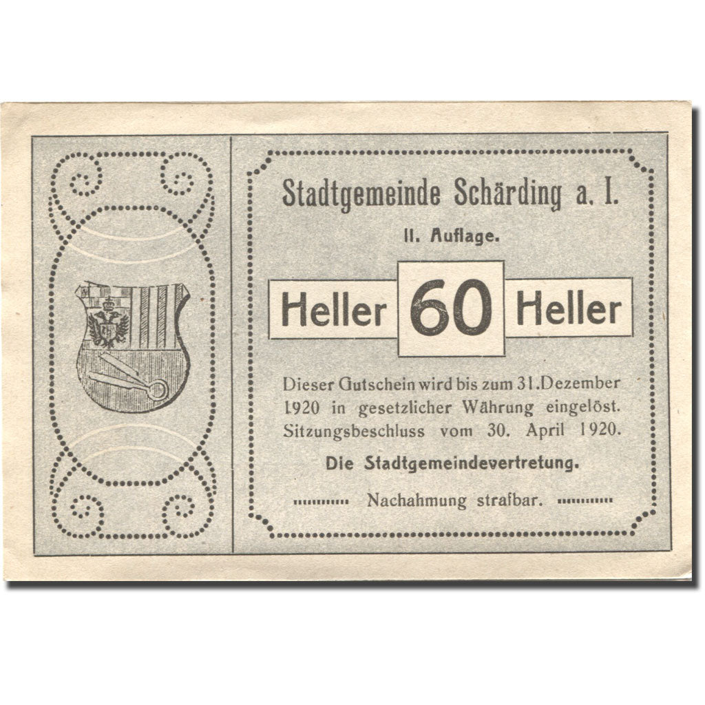 Banconote, Austria, Schärding, 60 Heller, pont, 1920 SPL Mehl:FS 951IIa