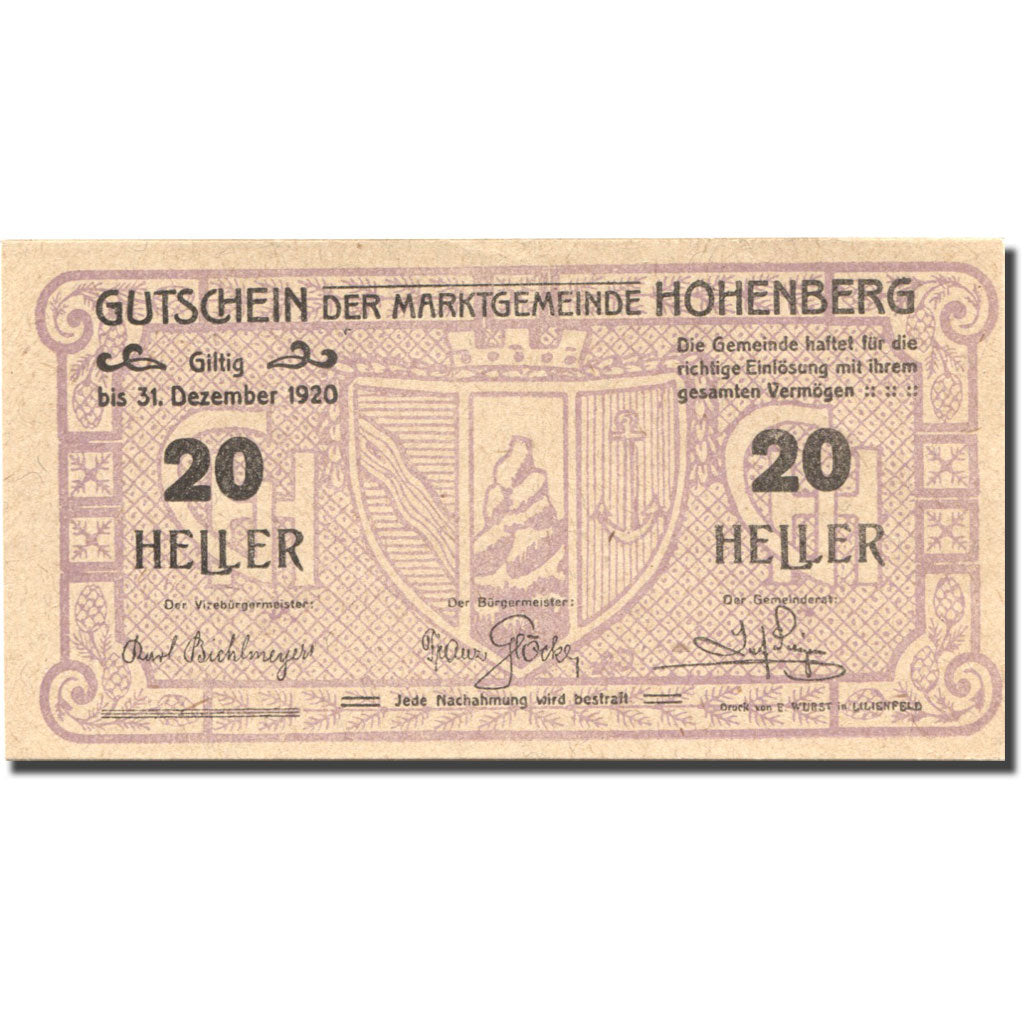 Banconote, Austria, Hohenberg, 20 Heller, Blason 1920-12-31, SPL Mehl:FS 388IIc