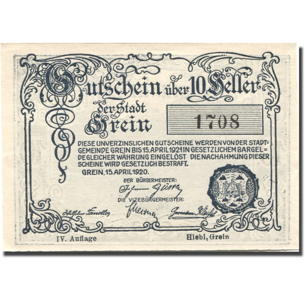 Billet, Autriche, Grein, 10 Heller, village 1920-12-31, SPL Mehl:FS 276IIc