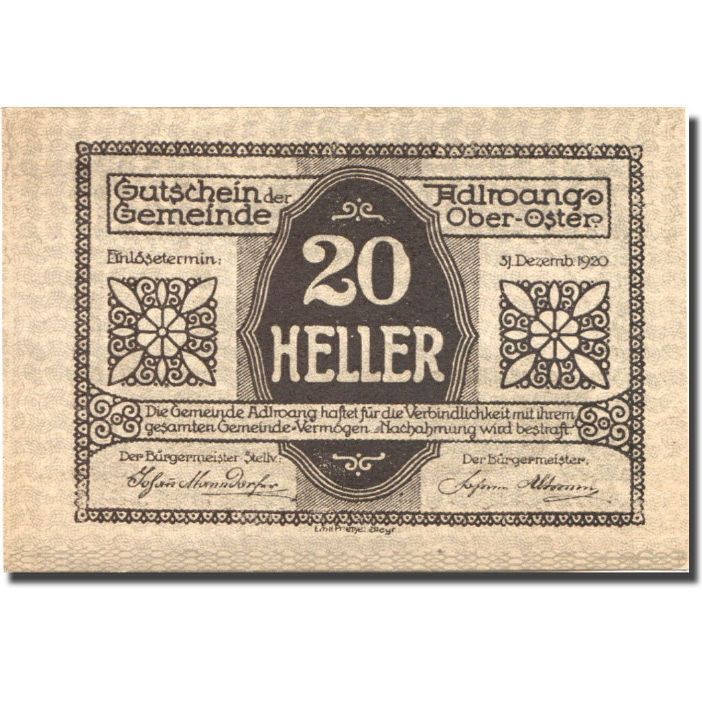 Banconote, Austria, Aldwang, 20 Heller, village 1920-12-31, SPL Mehl:FS 5a
