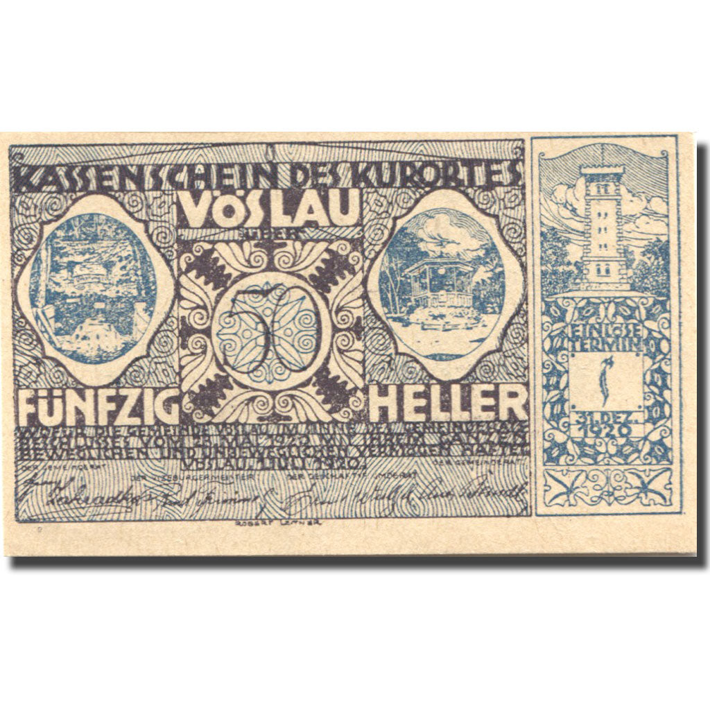 Billet, Autriche, Vöslau, 50 Heller, Blason 1920-12-31 SPL Mehl:FS 1121IIa